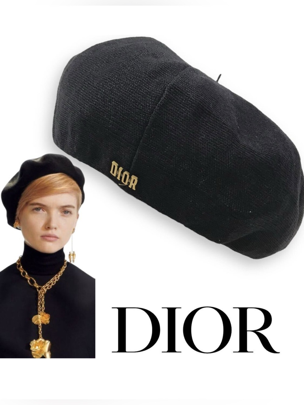 Authentic Dior Black Linen Beret with Gold DIOR Emblem